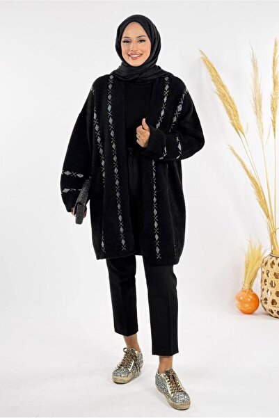 TRENDTESETTÜR Women's Black (Black-Silver) Patterned Cardigan t 72381