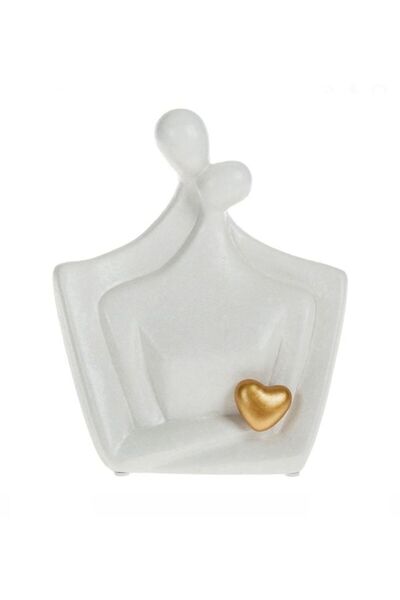 OEM Statuie Decorativa Cuplu Imbratisat Mat Alb Ceramic cu Inima Aurie 16x6x20cm Dragoste Iubire