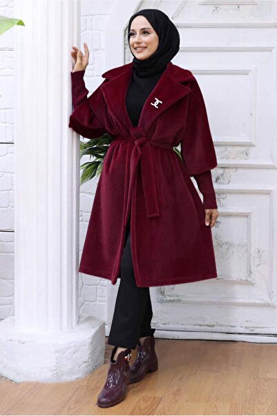 TRENDTESETTÜR Women's Burgundy Belted Brooch Coat t 4787