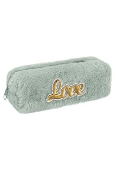 Jumbo Penar tubular din blană artificială verde mentă cu strasuri „Love” - 21 x 7 x 8 cm