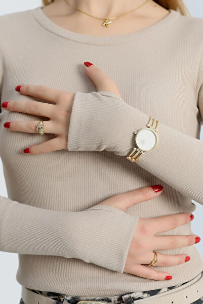 Aychashop Bisiklet Yaka Parmak Geçmeli Kaşkorse bluz bej a3829