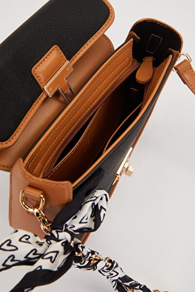 Levidor Black-Camel Shoulder Bag with Scarf Tie Detail