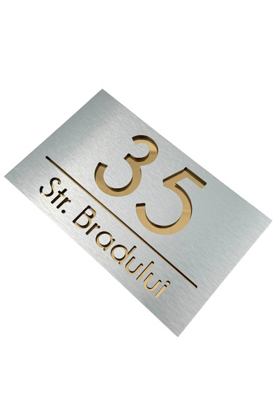 Adresa VIP NUMAR CASA PREMIUM - Aluminiu Periat Auriu Oglinda - 24x15cm