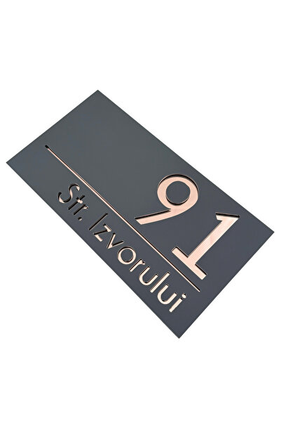 Adresa VIP NUMAR CASA PREMIUM - Gri Satinat Roze Auriu Oglinda - 28x15cm