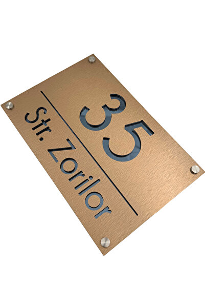 Adresa VIP NUMAR CASA PREMIUM - Aluminiu Periat Bronz Gri Antracit Oglinda 4 Distantieri Argintii - 30x20cm