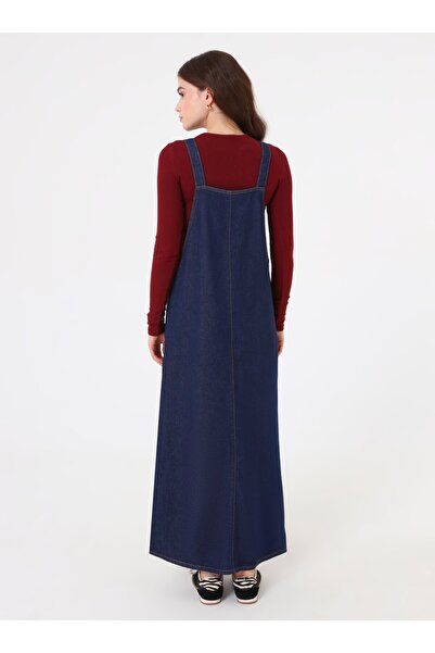Benin Pamuklu Denim Önden Metal Düğmeli, Askılı, Uzun Boy Denim Jile Elbise - Koyu mavi -
