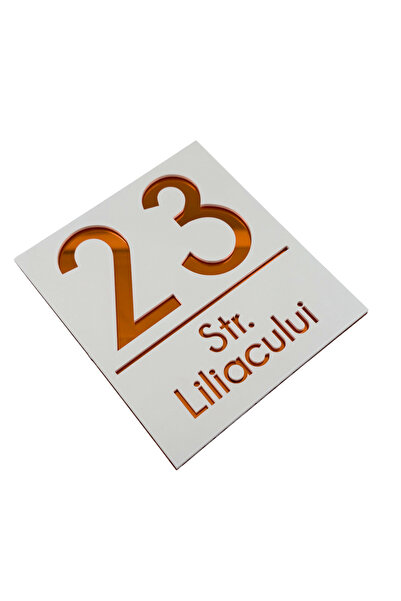 Adresa VIP NUMAR CASA PREMIUM - Alb Satinat Cupru Oglinda - 18x16cm