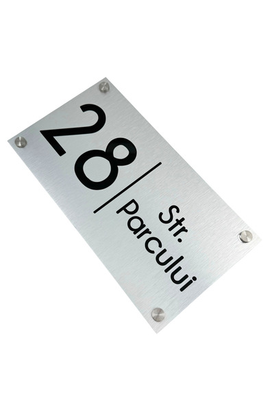 Adresa VIP NUMAR CASA PREMIUM - Aluminiu Periat Negru Lucios 4 Distantieri Argintii - 28x15cm