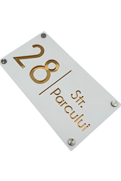 Adresa VIP NUMAR CASA PREMIUM - Alb Satinat Auriu Oglinda 4 Distantieri Argin...