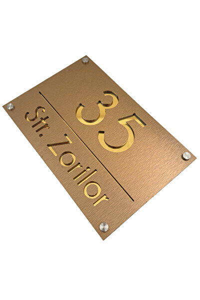 Adresa VIP NUMAR CASA PREMIUM - Aluminiu Periat Bronz Auriu Oglinda 4 Distantieri Argintii - 30x20cm