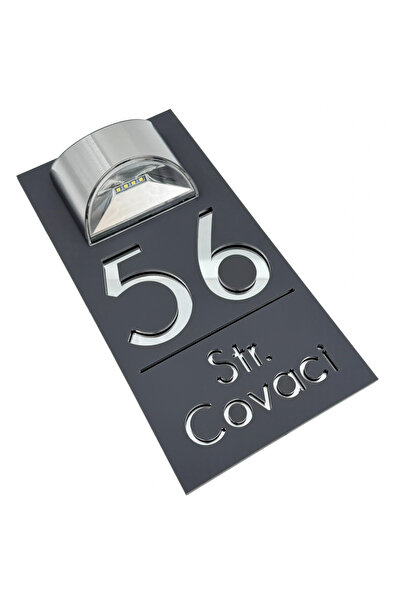 Adresa VIP NUMAR CASA PREMIUM - Gri Satinat Argintiu Oglinda Lampa Solara - 3...