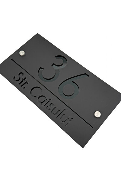 Adresa VIP NUMAR CASA PREMIUM - Negru Satinat Negru Lucios 2 Distantieri Argintii - 28x15cm