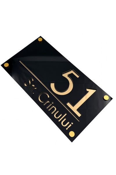 Adresa VIP NUMAR CASA PREMIUM - Negru Lucios Auriu Oglinda 4 Distantieri Aurii - 28x15cm