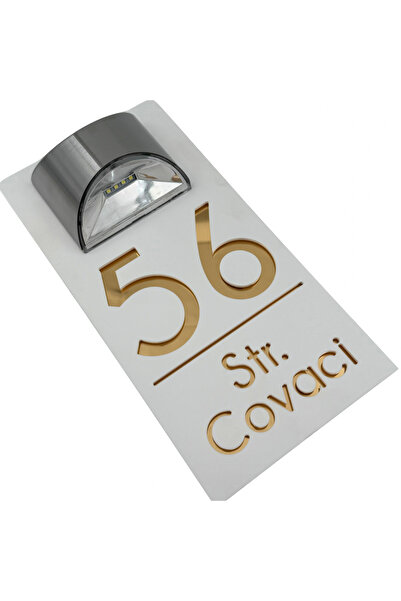 Adresa VIP NUMAR CASA PREMIUM - Alb Satinat Auriu Oglinda Lampa Solara - 30x15cm