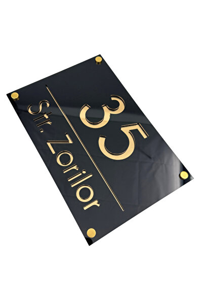 Adresa VIP NUMAR CASA PREMIUM - Negru Lucios Auriu Oglinda 4 Distantieri Auri...