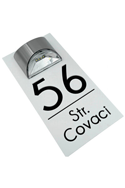 Adresa VIP NUMAR CASA PREMIUM - Alb Satinat Negru Lucios Lampa Solara - 30x15cm