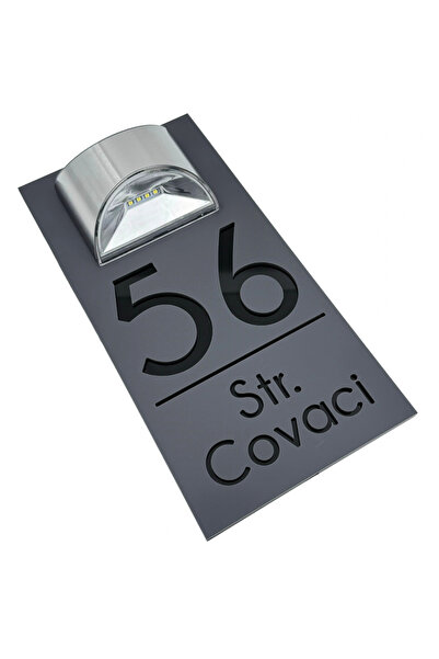 Adresa VIP NUMAR CASA PREMIUM - Gri Satinat Negru Lucios Lampa Solara - 30x15cm