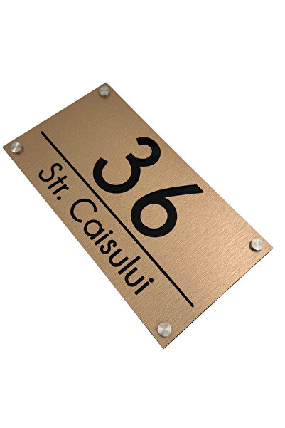 Adresa VIP NUMAR CASA PREMIUM - Aluminiu Periat Bronz Negru Lucios 4 Distantieri Argintii - 28x15cm