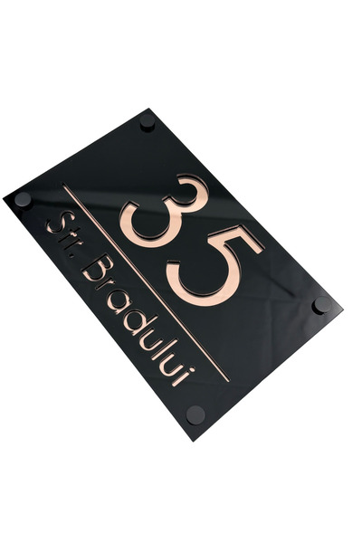 Adresa VIP NUMAR CASA PREMIUM - Negru Lucios Roze Auriu Oglinda 4 Distantieri...