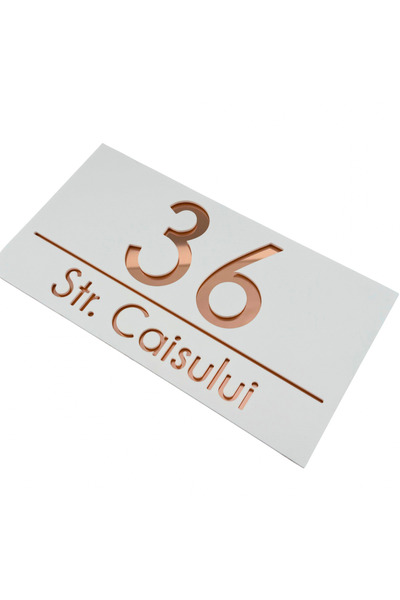 Adresa VIP NUMAR CASA PREMIUM - Alb Satinat Roze Auriu Oglinda - 28x15cm