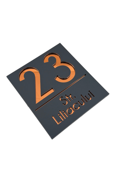 Adresa VIP NUMAR CASA PREMIUM - Gri Satinat Cupru Oglinda - 18x16cm