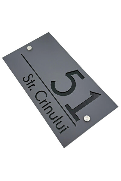 Adresa VIP NUMAR CASA PREMIUM - Gri Satinat Negru Lucios 2 Distantieri Argintii - 28x15cm