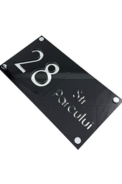 Adresa VIP NUMAR CASA PREMIUM - Negru Lucios Argintiu Oglinda 4 Distantieri A...