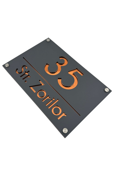 Adresa VIP NUMAR CASA PREMIUM - Gri Satinat Cupru Oglinda 4 Distantieri Argin...