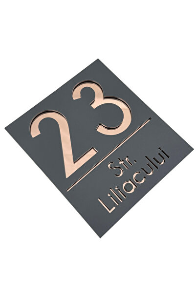 Adresa VIP NUMAR CASA PREMIUM - Gri Satinat Roze Auriu Oglinda - 18x16cm