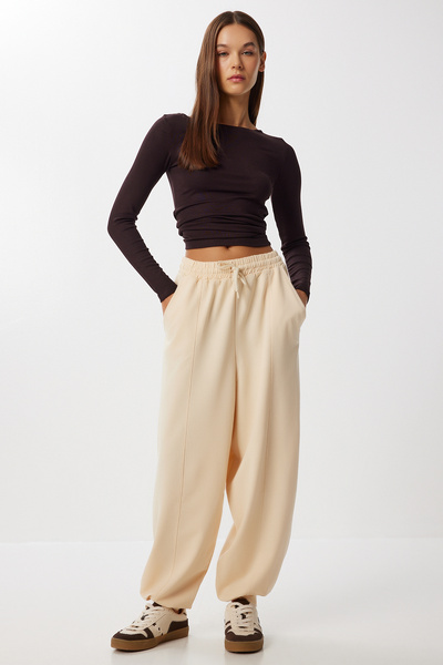 Lovelyİstanbul Nervürlü Jogger Örme Eşofman Altı LEN0043 KREM