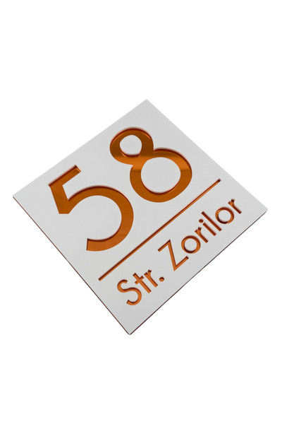 Adresa VIP NUMAR CASA PREMIUM - Alb Satinat Cupru Oglinda - 17x17cm