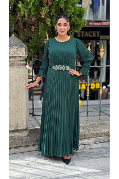 live forever Büyük Beden Pileli Şifon Abiye Elbise – Volan Kol, Uzun Boy, Bro...