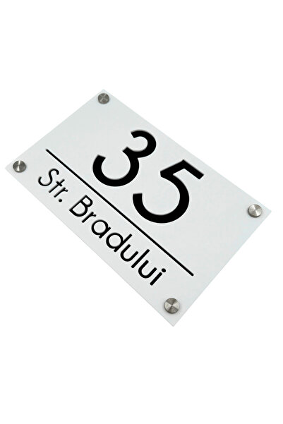 Adresa VIP NUMAR CASA PREMIUM - Alb Satinat Negru Oglinda 4 Distantieri Argin...