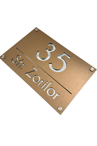 Adresa VIP NUMAR CASA PREMIUM - Aluminiu Periat Bronz Argintiu Oglinda 4 Distantieri Argintii - 30x20cm