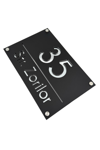 Adresa VIP NUMAR CASA PREMIUM - Negru Satinat Argintiu Oglinda 4 Distantieri ...