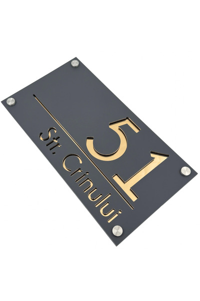 Adresa VIP NUMAR CASA PREMIUM - Gri Satinat Auriu Oglinda 4 Distantieri Argintii - 28x15cm