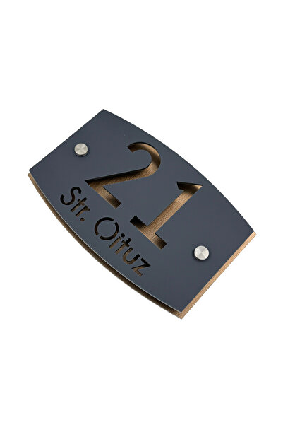 Adresa VIP NUMAR CASA PREMIUM - Gri Satinat Aluminiu Bronz Periat 2 Distantieri Argintii - 20x13cm