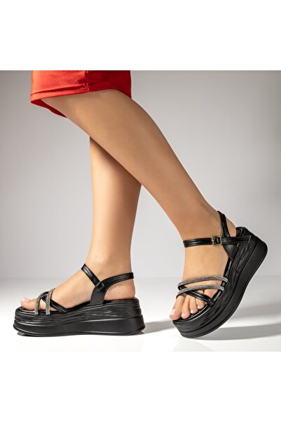 BMoD Sandale negre de damă cu platformă și pietre aplicate MOD13861