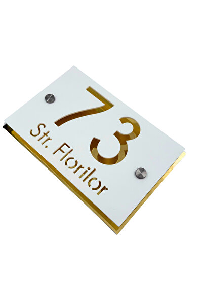 Adresa VIP PREMIUM HOUSE NUMBER - Satin White Aluminum Gold Mirror 2 Silver S...