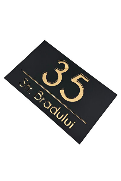 Adresa VIP NUMAR CASA PREMIUM - Negru Satinat Auriu Oglinda - 24x15cm