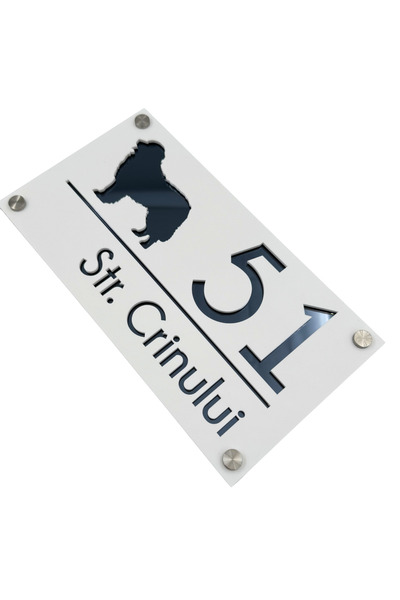 Adresa VIP NUMAR CASA PREMIUM - Alb Satinat Gri Antracit Oglinda 4 Distantieri Argintii - 28x15cm