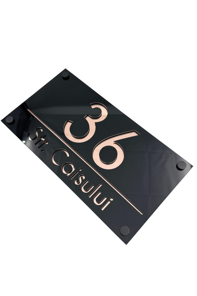 Adresa VIP NUMAR CASA PREMIUM - Negru Lucios Roze Auriu Oglinda 4 Distantieri Negrii - 28x15cm