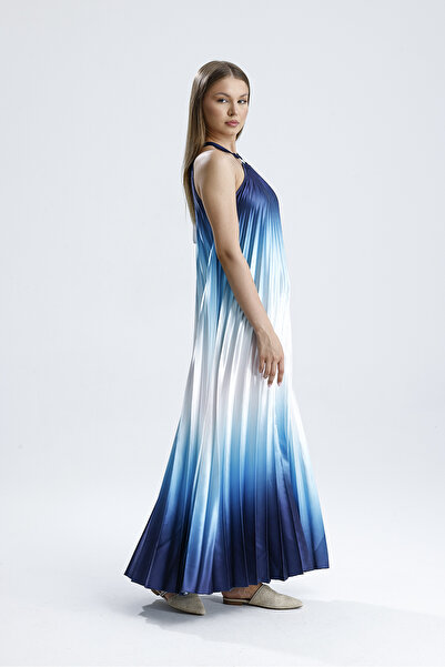 Sense Blue White Ombre Pleated Maxi Dress - Halter Neck, Stylish and Elegant |   Elb35857 Blue-Blue
