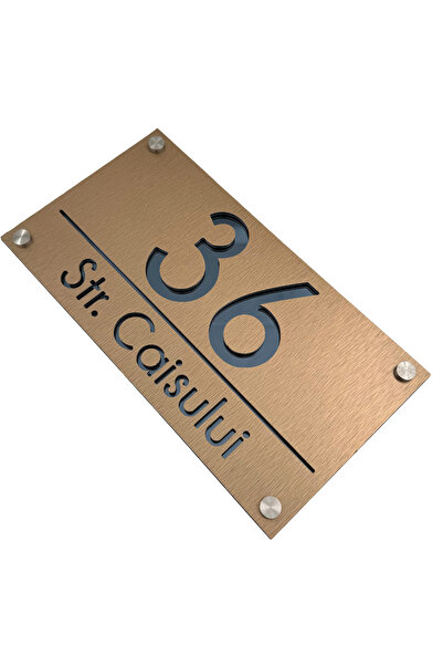 Adresa VIP NUMAR CASA PREMIUM - Aluminiu Periat Bronz Gri Antracit Oglinda 4 Distantieri Argintii - 28x15cm