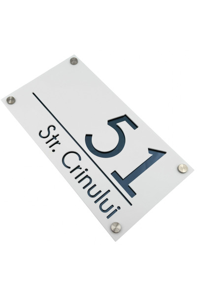 Adresa VIP NUMAR CASA PREMIUM - Alb Satinat Gri Antracit Oglinda 4 Distantieri Argintii - 28x15cm