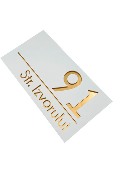 Adresa VIP NUMAR CASA PREMIUM - Alb Satinat Auriu Oglinda - 28x15cm