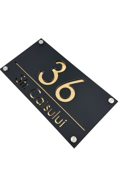 Adresa VIP NUMAR CASA PREMIUM - Negru Satinat Auriu Oglinda 4 Distantieri Argintii - 28x15cm