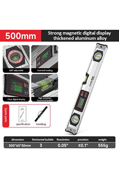 Choice3 منقلة رقمية فضية -500 مم، مقياس زاوية، مقياس ميل، مغناطيس، مستوى، زاو...