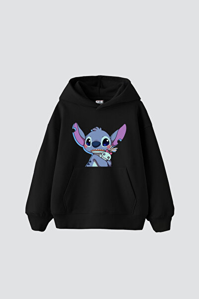 Bak Moda Stitch Baby Printed Oversize Unisex Black Hoodie