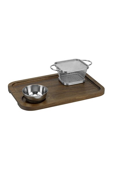 Culinaro Mahogany wooden platter 30x20cm with sauce bowl 7cm and french fries basket 10.5x9xh6.2cm